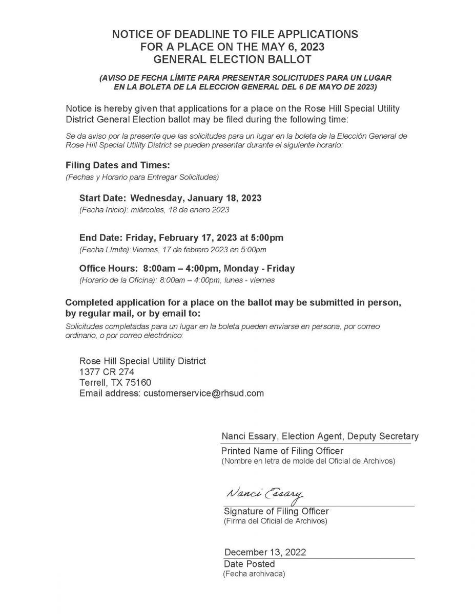 Notice of Deadline to File Applications for Place on the  Ballot